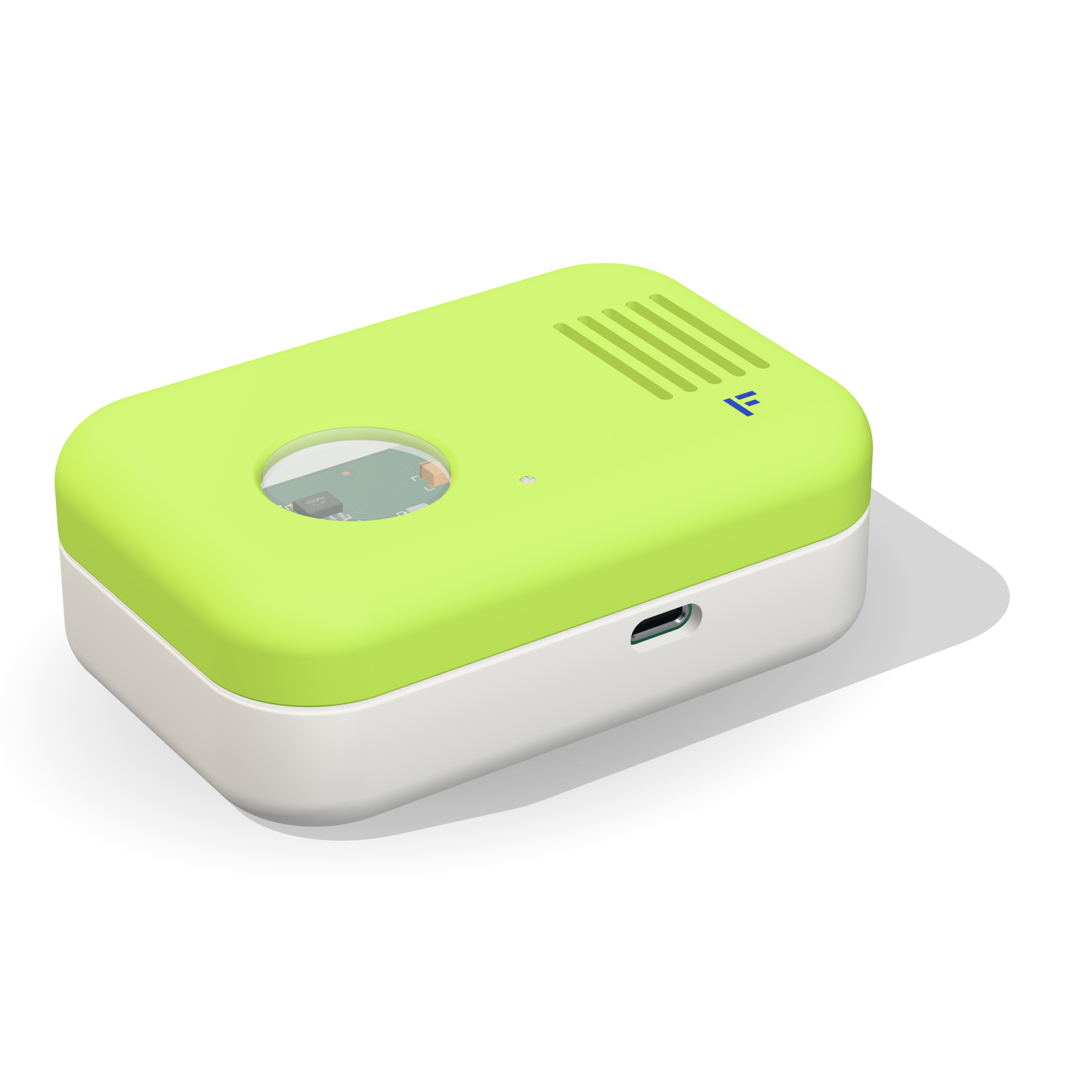 A connected sensor node: a rounded enclosure with a sensor window and vent slots, on a light base with a USB-C port