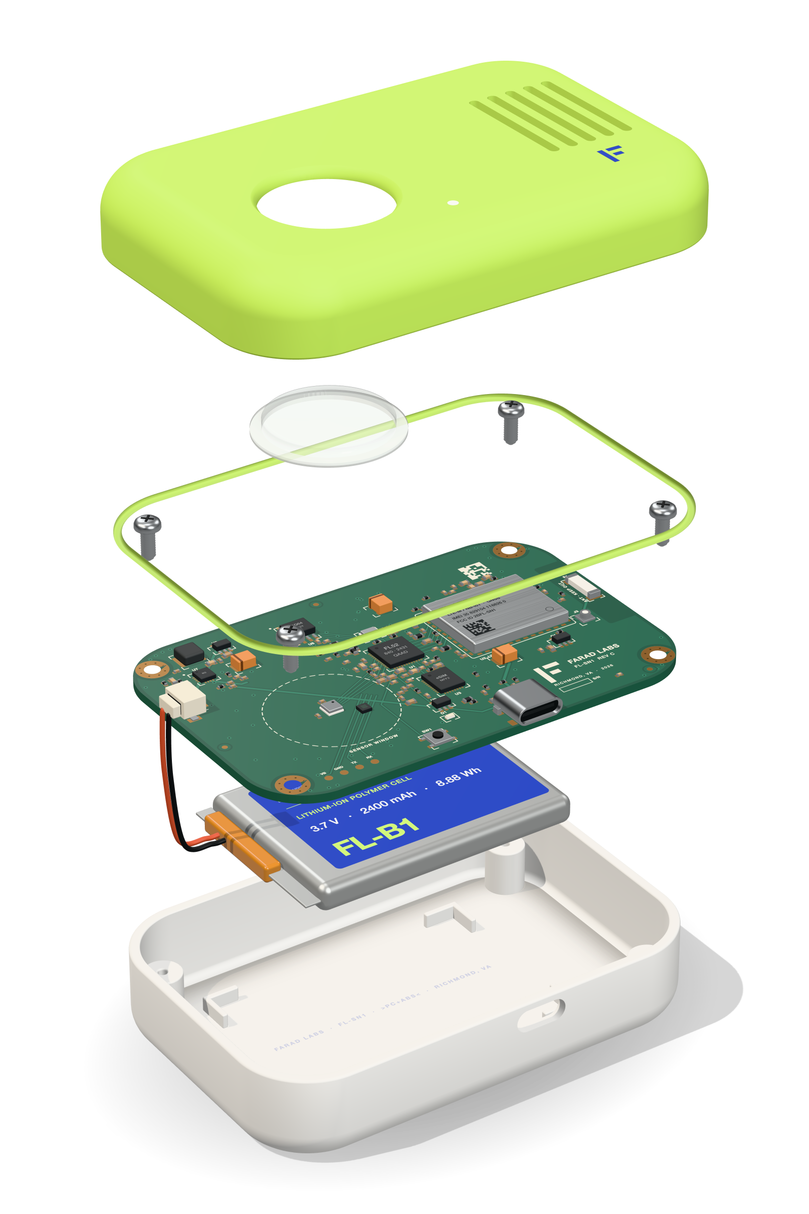 A connected sensor node exploded vertically: enclosure, sensor window, weather seal, circuit board with microcontroller and cellular radio, battery, base housing and screws