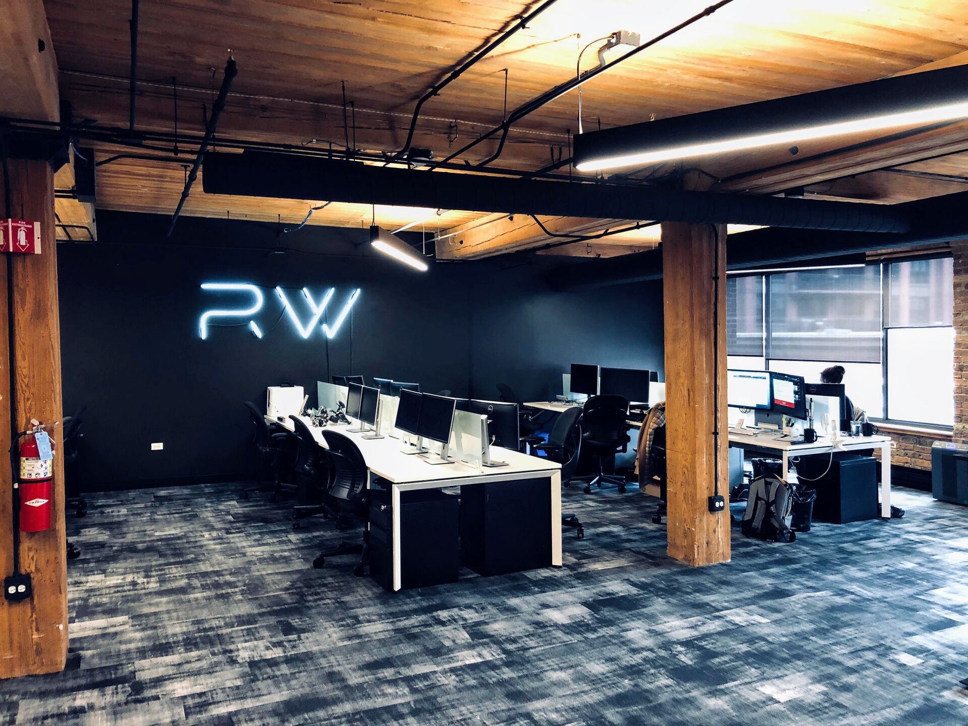 Rocket Wagon studio in Chicago with the RW logo on the wall